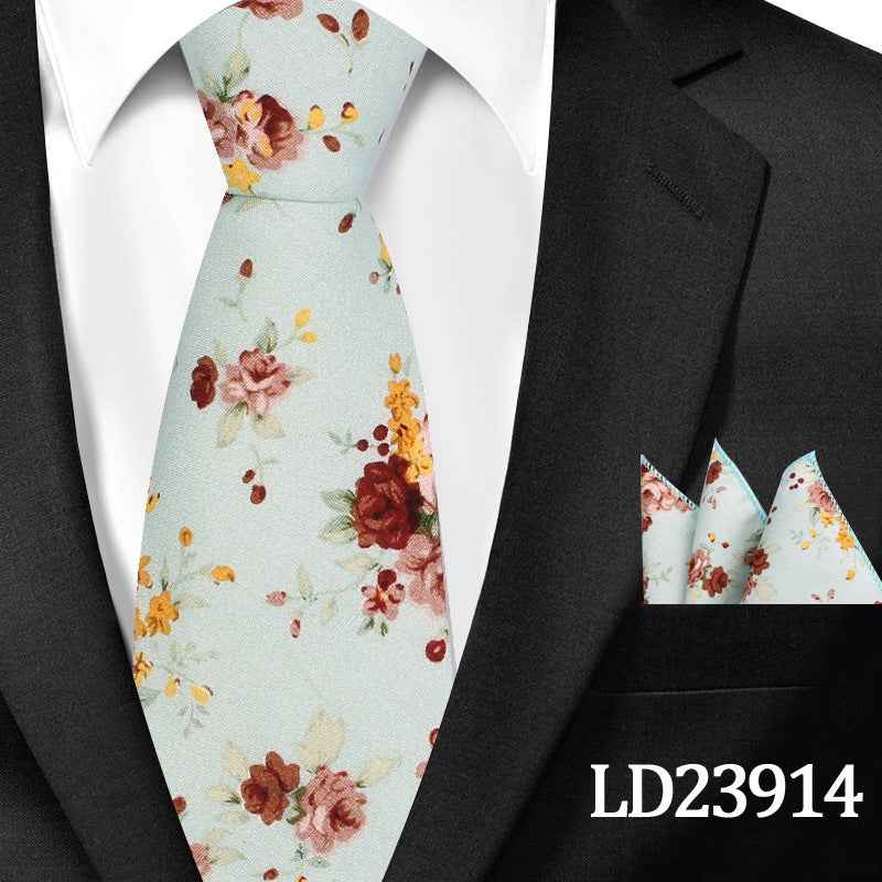 Casual Cotton Floral Print 6cm Casual Tie Pocket Square Suit