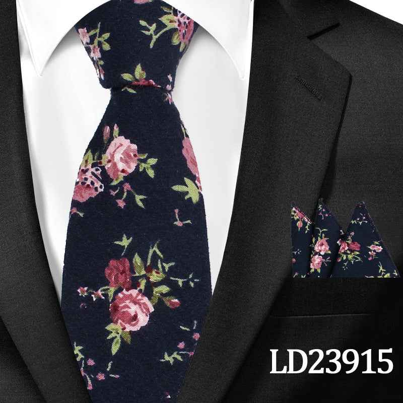 Casual Cotton Floral Print 6cm Casual Tie Pocket Square Suit