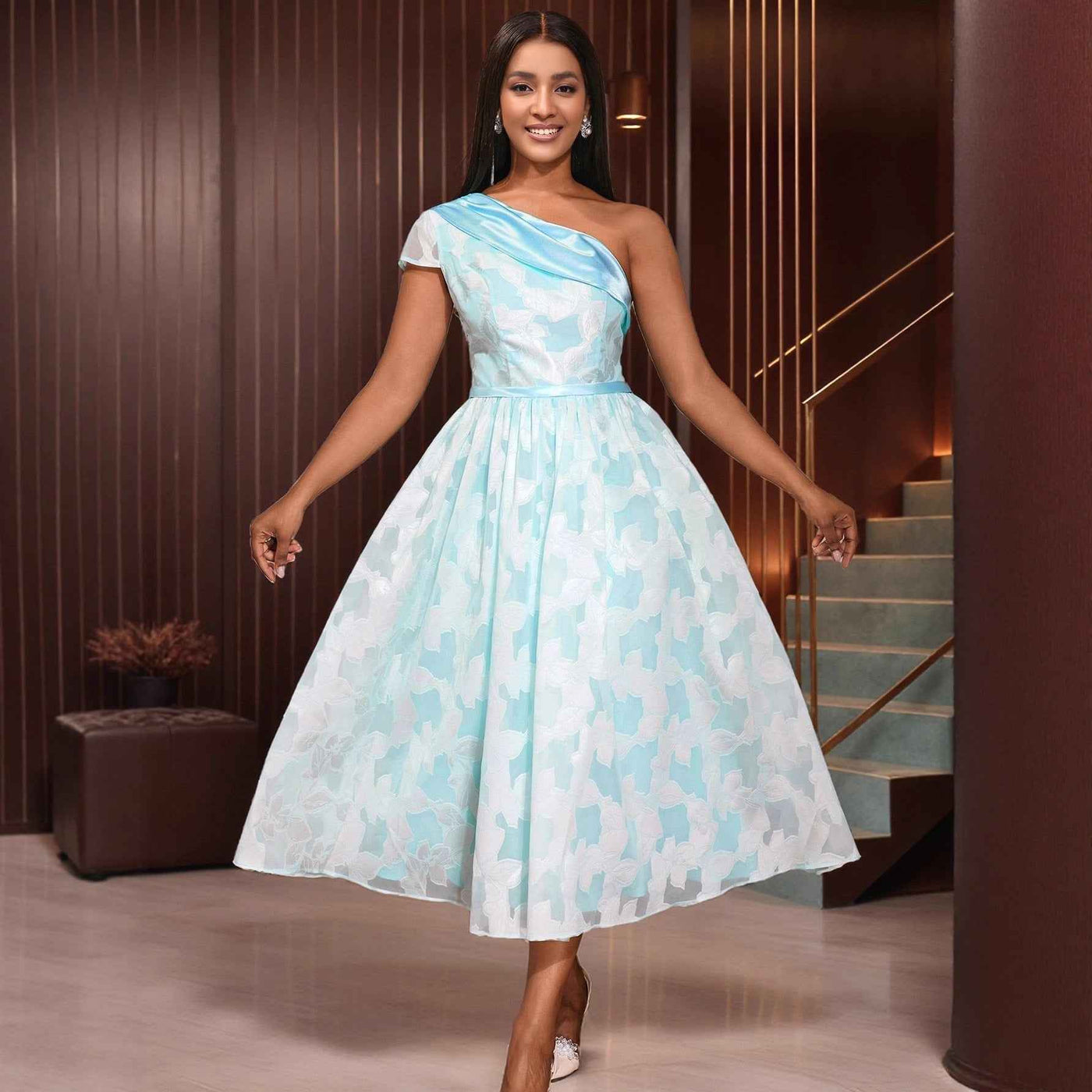 Women's Oblique Shoulder Contrast Color Evening Dress Jacquard Elegant Dress