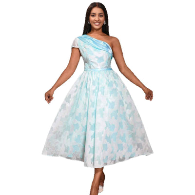 Women's Oblique Shoulder Contrast Color Evening Dress Jacquard Elegant Dress