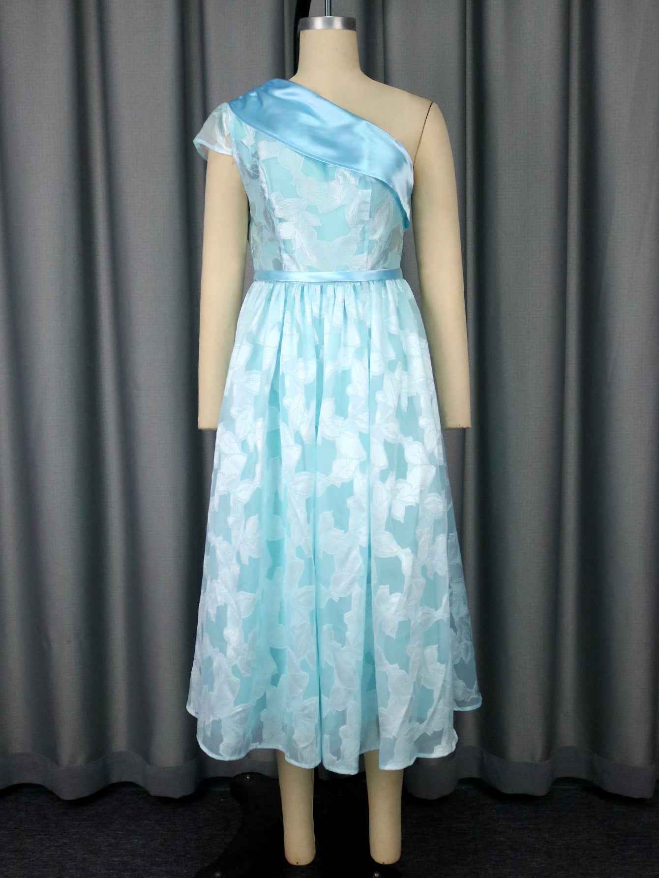 Women's Oblique Shoulder Contrast Color Evening Dress Jacquard Elegant Dress