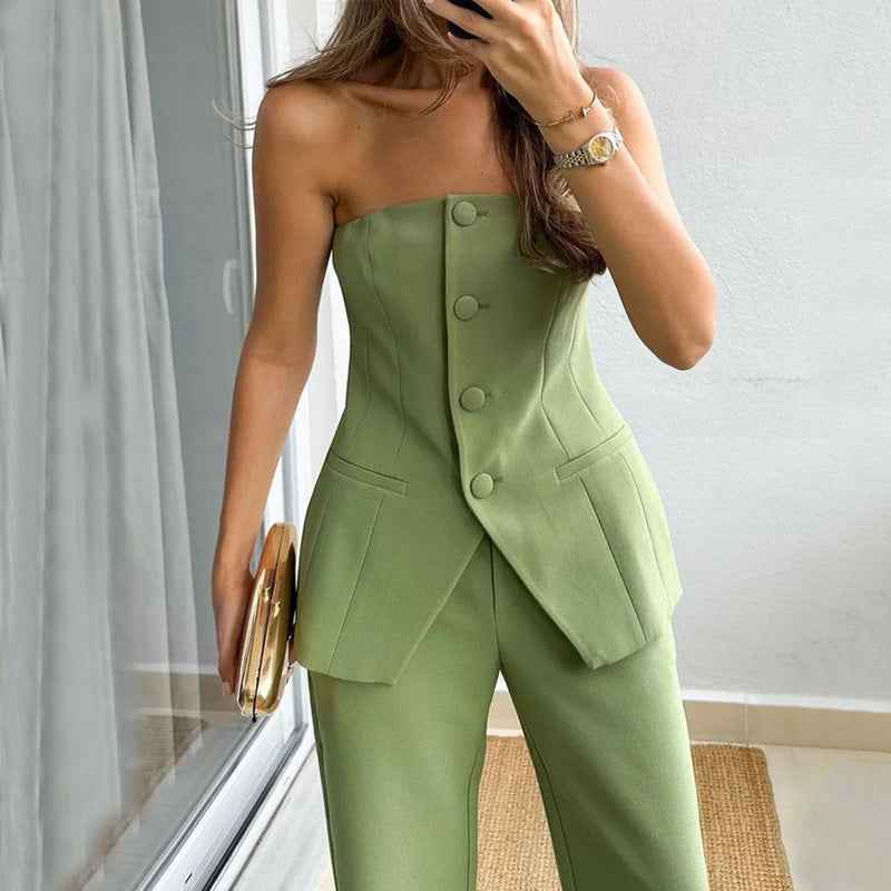 Graceful Tube Top Suit Fashion Button Sleeveless Top And Straight Pants Women's Trousers Set