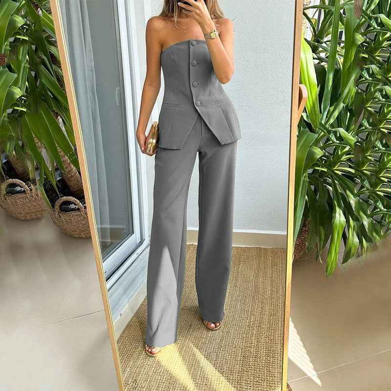 Graceful Tube Top Suit Fashion Button Sleeveless Top And Straight Pants Women's Trousers Set