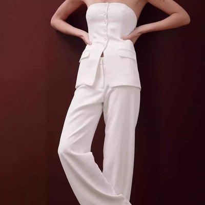 Graceful Tube Top Suit Fashion Button Sleeveless Top And Straight Pants Women's Trousers Set