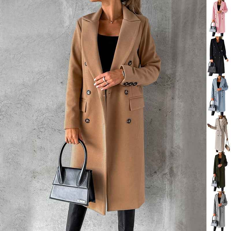 Women's Double-Breasted Long Wool Coat - Slim Fit