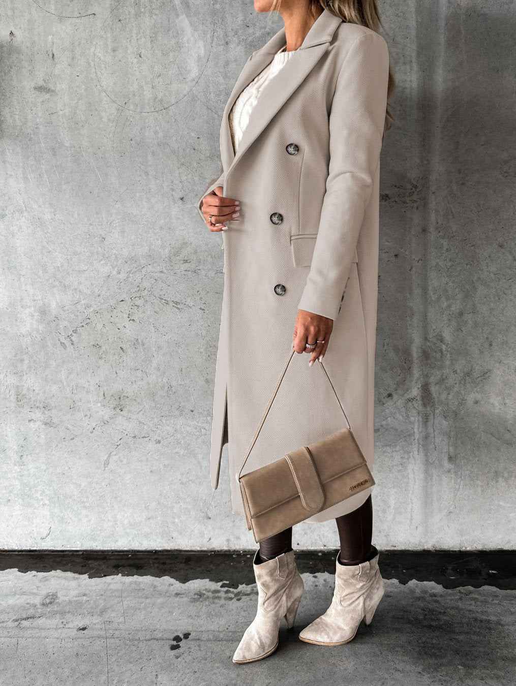 Women's Double-Breasted Long Wool Coat - Slim Fit