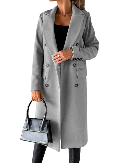 Women's Double-Breasted Long Wool Coat - Slim Fit
