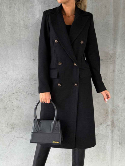Women's Double-Breasted Long Wool Coat - Slim Fit