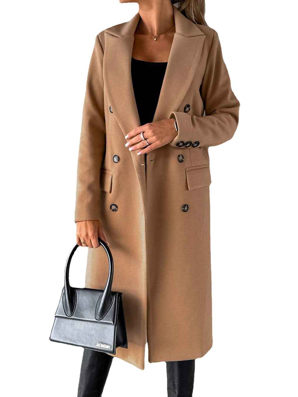 Women's Double-Breasted Long Wool Coat - Slim Fit