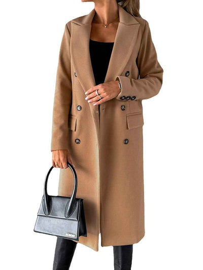 Women's Double-Breasted Long Wool Coat - Slim Fit