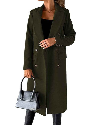 Women's Double-Breasted Long Wool Coat - Slim Fit