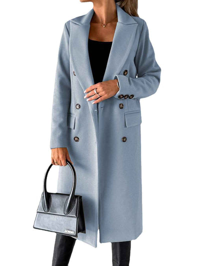 Women's Double-Breasted Long Wool Coat - Slim Fit