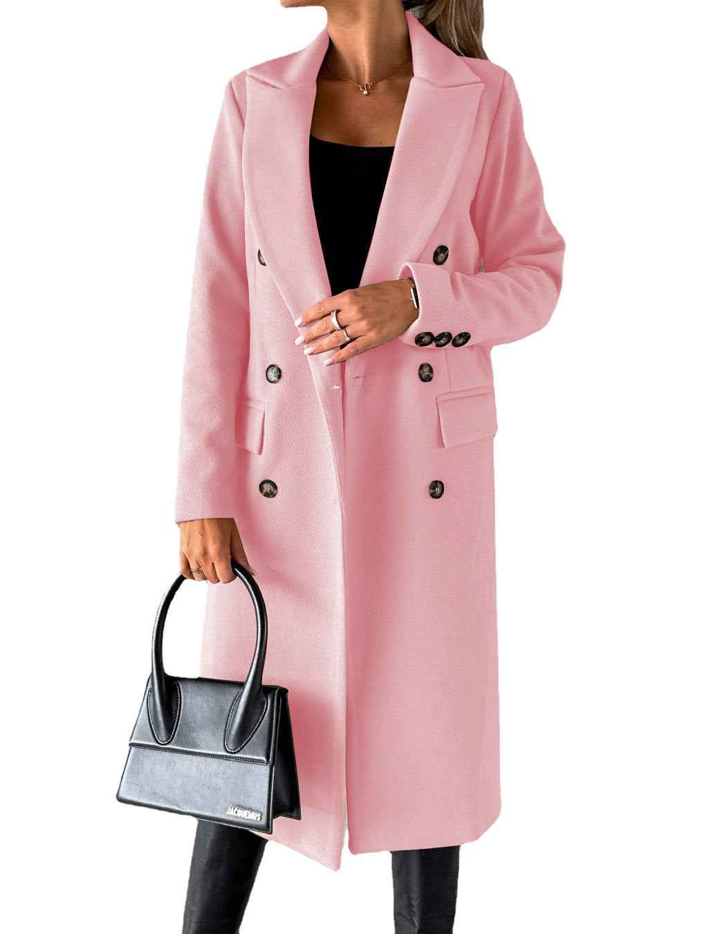 Women's Double-Breasted Long Wool Coat - Slim Fit
