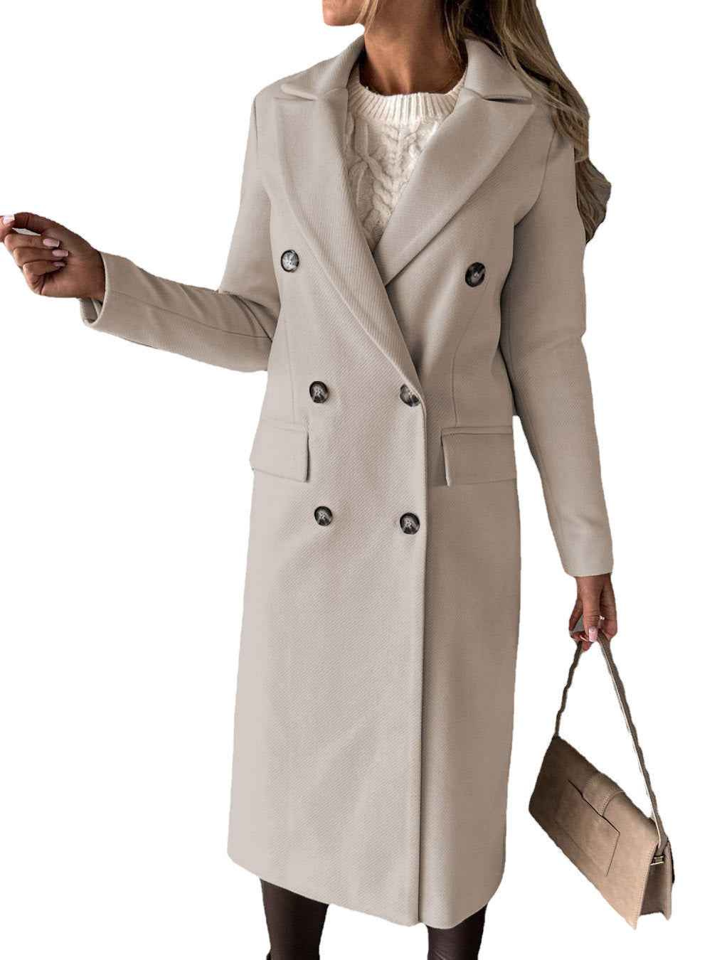 Women's Double-Breasted Long Wool Coat - Slim Fit