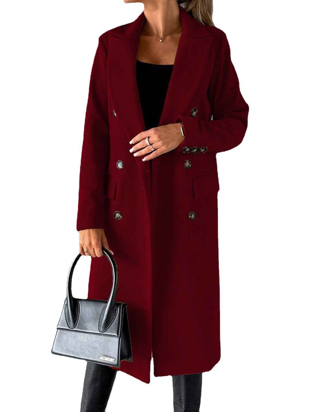 Women's Double-Breasted Long Wool Coat - Slim Fit