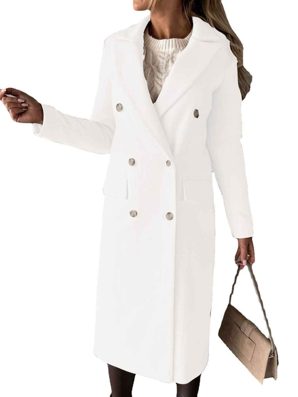 Women's Double-Breasted Long Wool Coat - Slim Fit