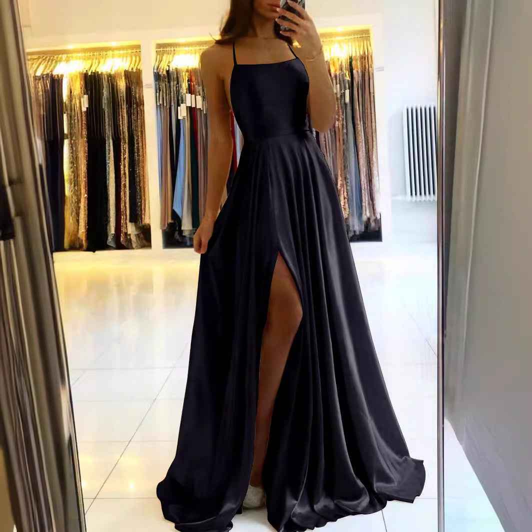 Amazon Long European And American Style Dress Slim Strap Back-to-back Dress High Slit Dance Host Dress