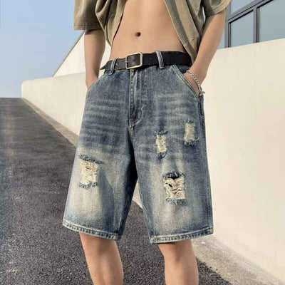 American-style Retro Tattered Jeans Men's Shorts Denim