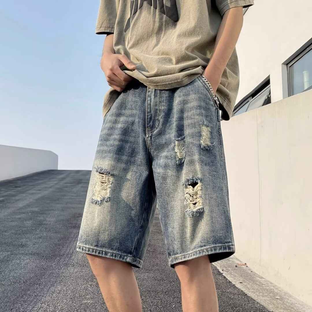 American-style Retro Tattered Jeans Men's Shorts Denim