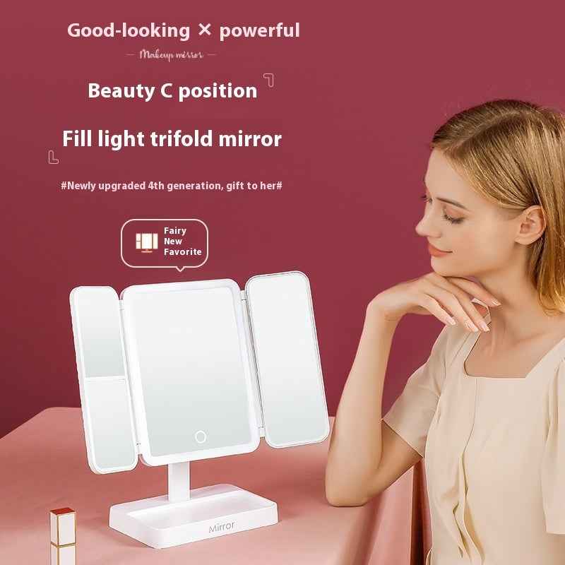 Desktop Three-fold Makeup Mirror With Light Internet Celebrity Dressing Retouching Supplementary Lighting