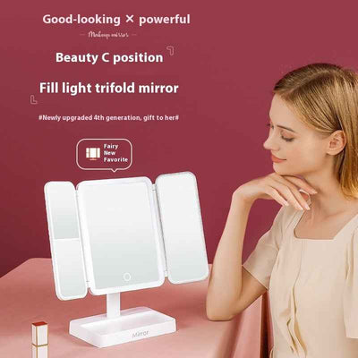 Desktop Three-fold Makeup Mirror With Light Internet Celebrity Dressing Retouching Supplementary Lighting