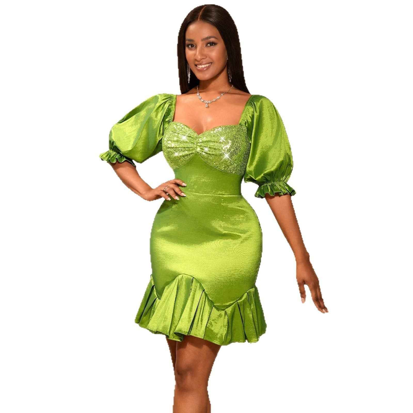 Sequin Stitching Ruffled Banquet Sheath Evening Dress