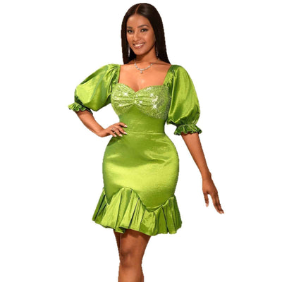 Sequin Stitching Ruffled Banquet Sheath Evening Dress