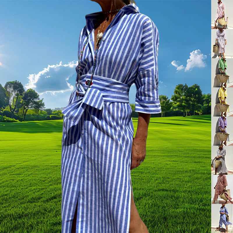 Striped Shirt Dress With Belt Fashion Half-sleeved Lapel Button Cardigan Dresses Women's Clothing