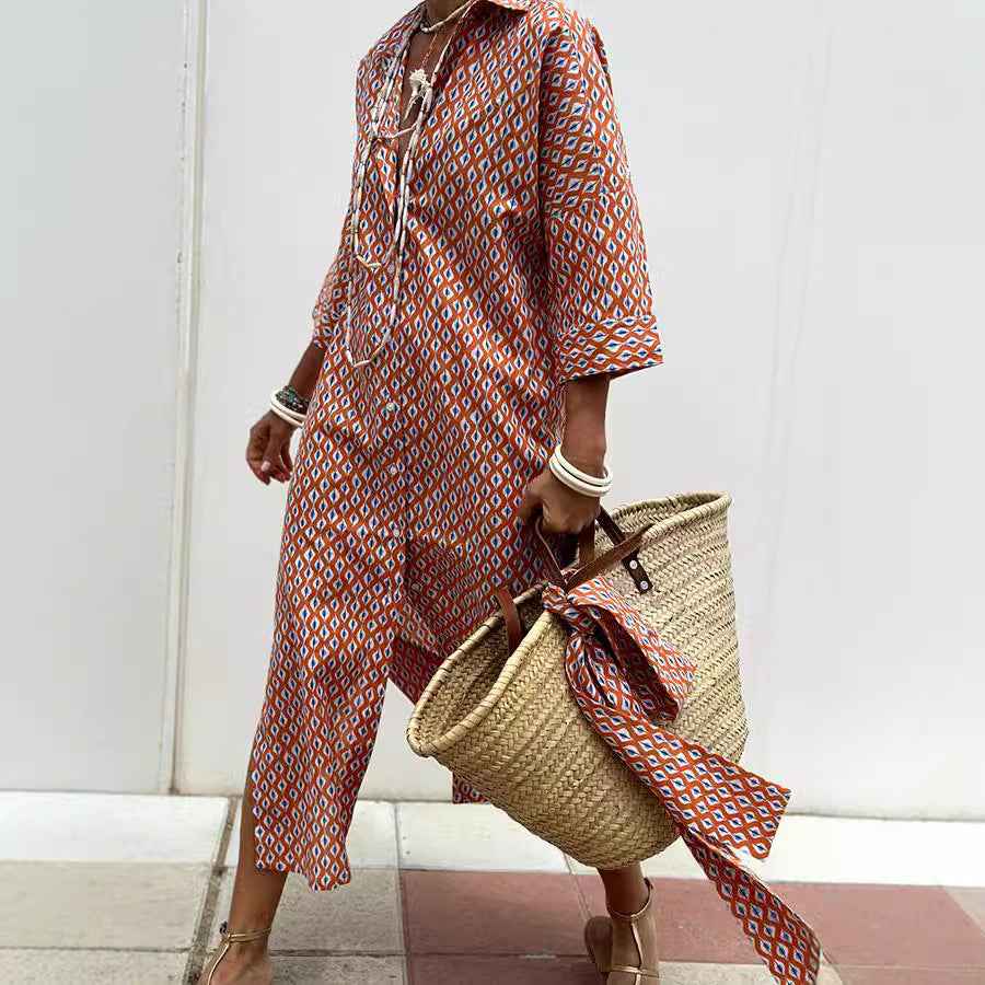 Striped Shirt Dress With Belt Fashion Half-sleeved Lapel Button Cardigan Dresses Women's Clothing