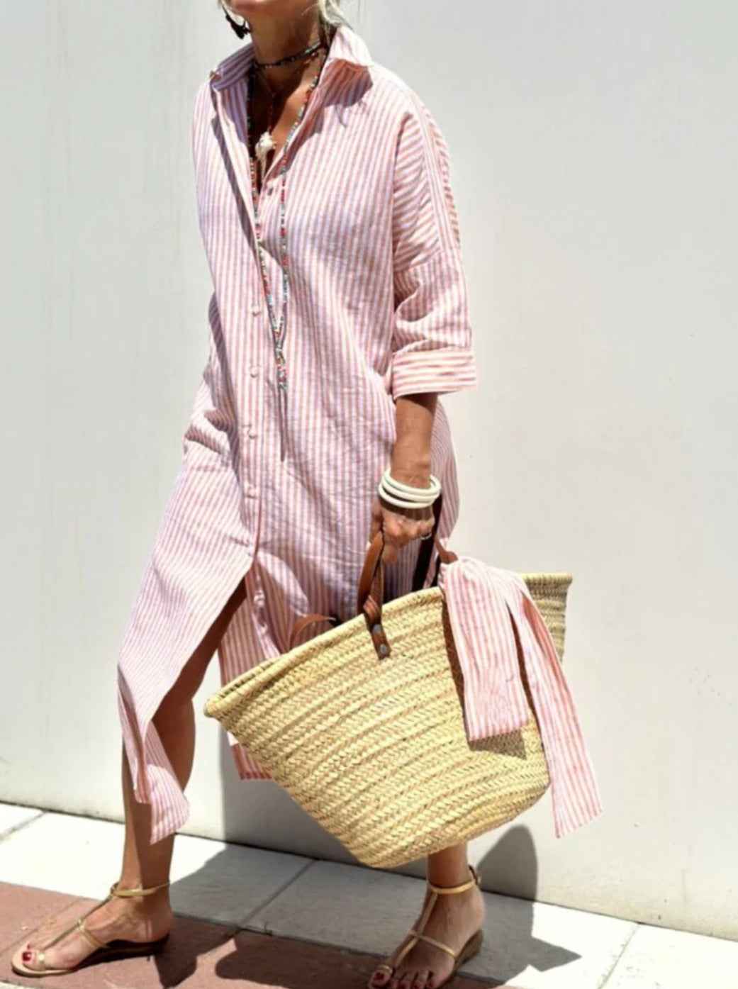 Striped Shirt Dress With Belt Fashion Half-sleeved Lapel Button Cardigan Dresses Women's Clothing