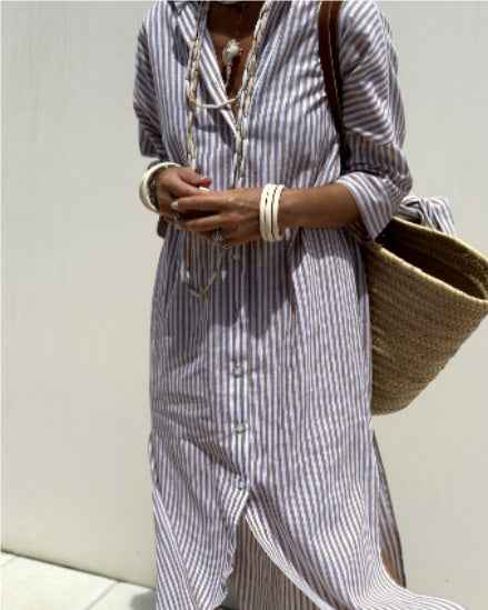 Striped Shirt Dress With Belt Fashion Half-sleeved Lapel Button Cardigan Dresses Women's Clothing