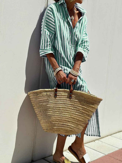 Striped Shirt Dress With Belt Fashion Half-sleeved Lapel Button Cardigan Dresses Women's Clothing