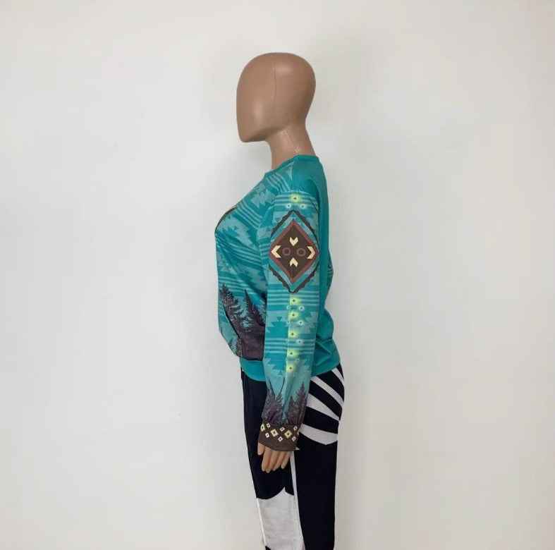 Christmas Tree Print Round Neck Long Sleeve Ladies T-shirt Sweatshirt