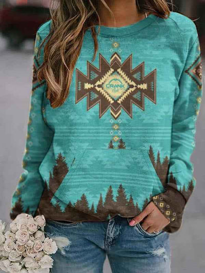 Christmas Tree Print Round Neck Long Sleeve Ladies T-shirt Sweatshirt