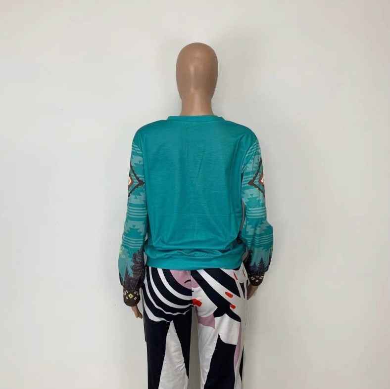 Christmas Tree Print Round Neck Long Sleeve Ladies T-shirt Sweatshirt