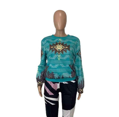 Christmas Tree Print Round Neck Long Sleeve Ladies T-shirt Sweatshirt