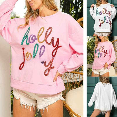 Letter Crew Neck Long Sleeve Loose Casual Christmas Pullover Sweater