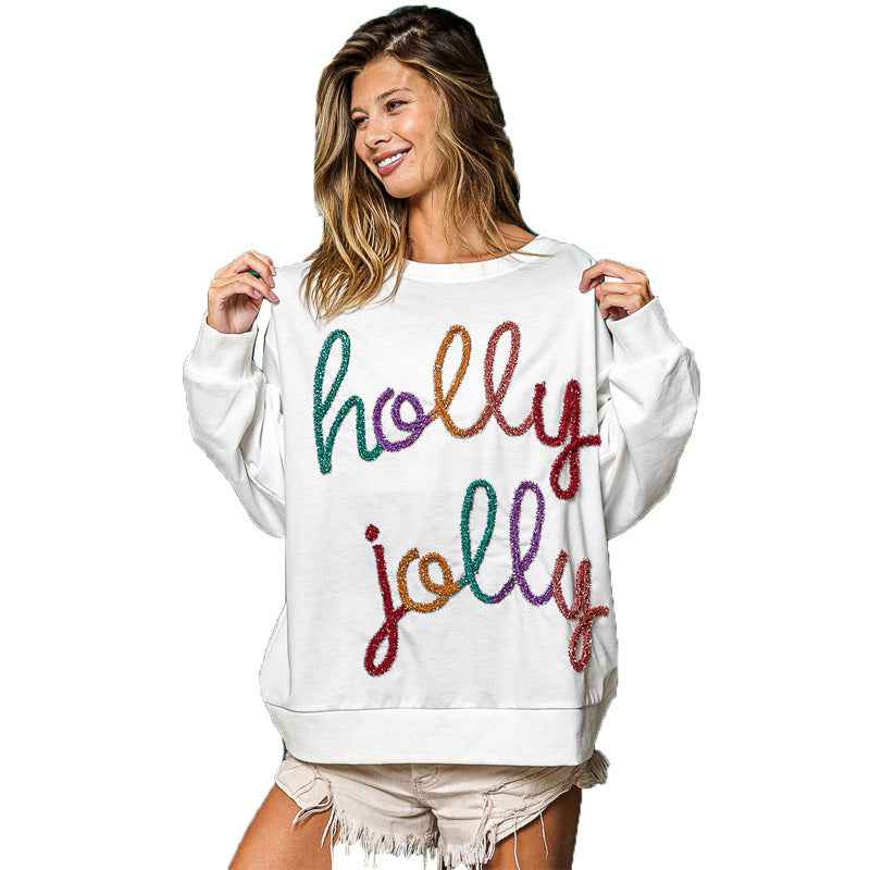 Letter Crew Neck Long Sleeve Loose Casual Christmas Pullover Sweater