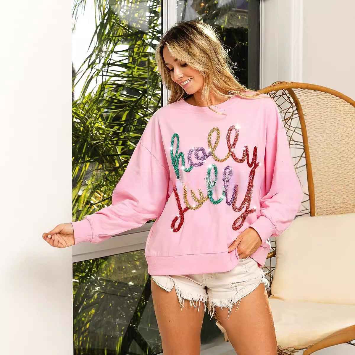 Letter Crew Neck Long Sleeve Loose Casual Christmas Pullover Sweater