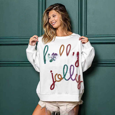 Letter Crew Neck Long Sleeve Loose Casual Christmas Pullover Sweater