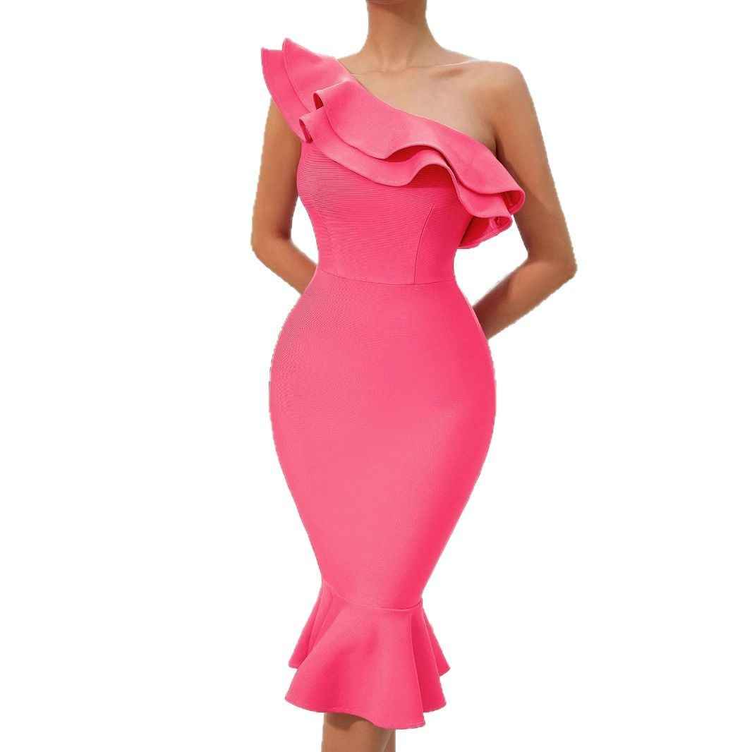 European And American Fashionable Off-shoulder Bandage Dress Ruffled Off-shoulder Evening Dress