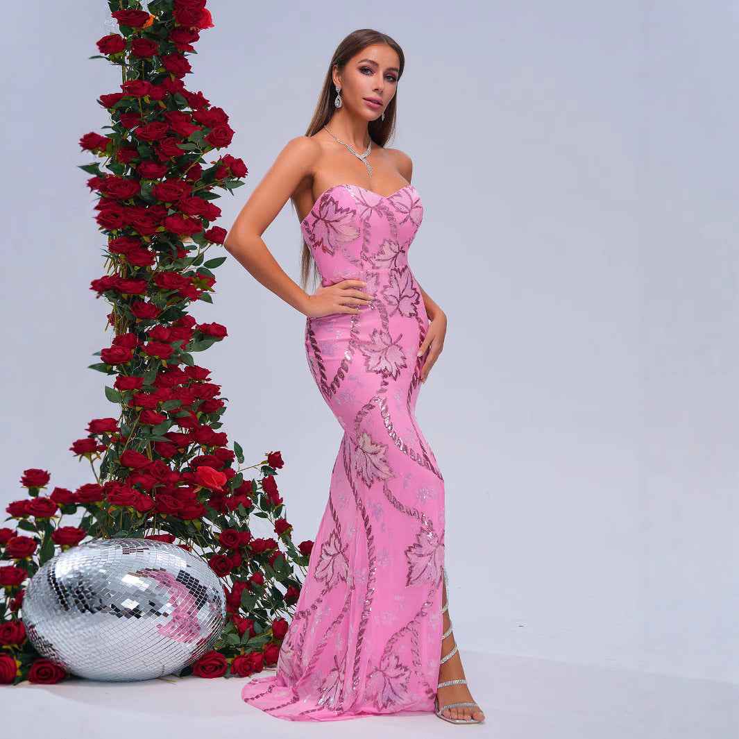 Wrapped Chest Off-neck Sheath Sequined Banquet Fishtail Evening Dress