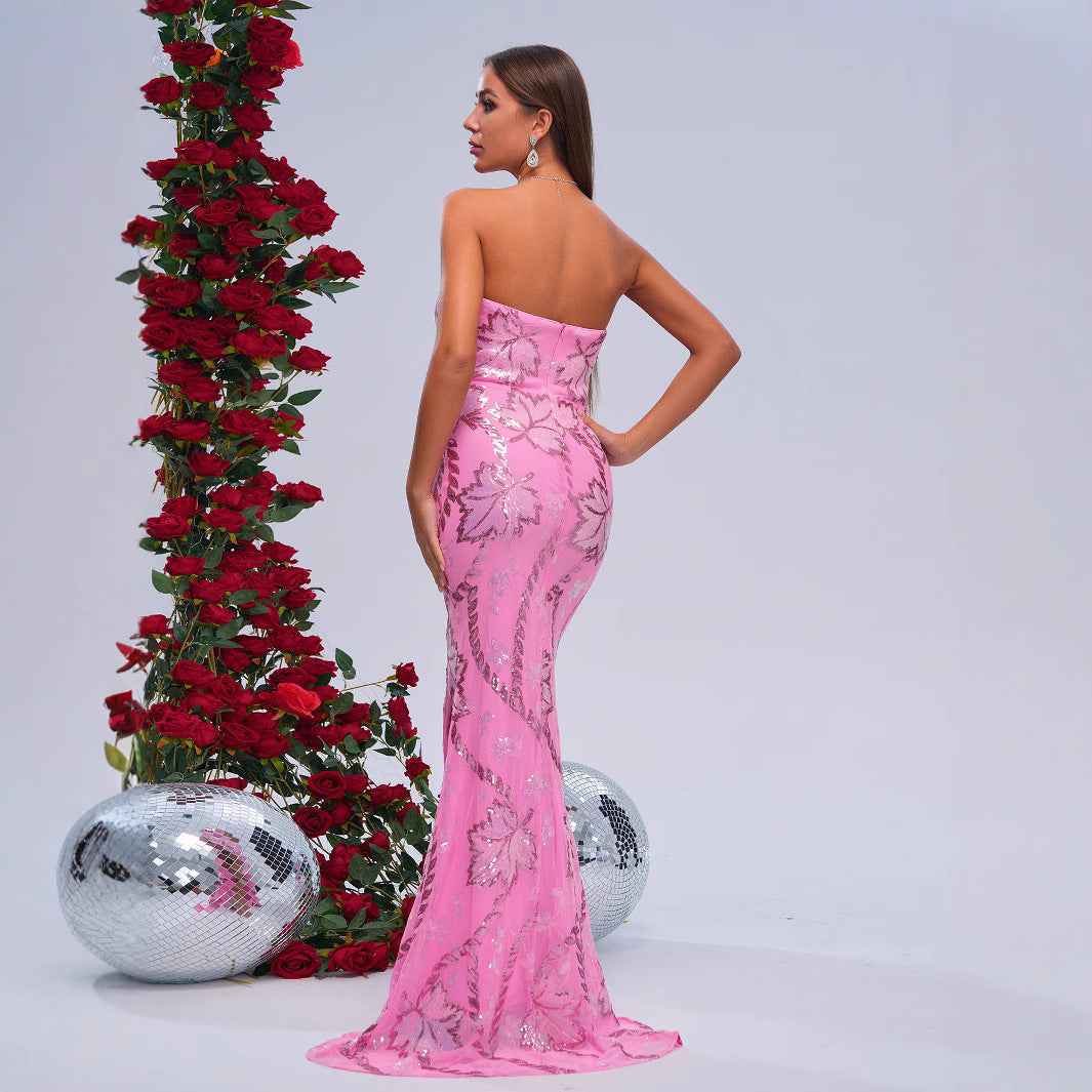 Wrapped Chest Off-neck Sheath Sequined Banquet Fishtail Evening Dress