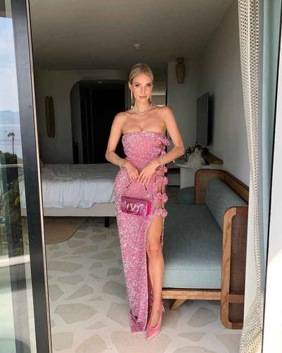 Women's Off-shoulder Slimming Sequins Backless Bow Split Tight Long Dress