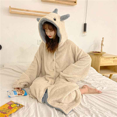 Women's Long Ears Hooded Pajamas Fall And Winter Plus Velvet