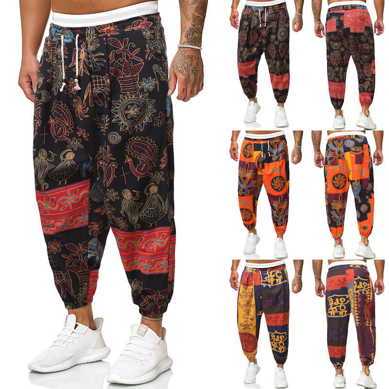 Casual Harem Pants Men's Ethnic Style Cotton And Linen Loose Cropped Trousers SHOPPORA