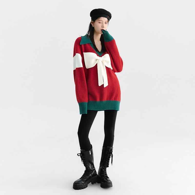 Christmas New Style Red Sweet And Cool Cute Bow Knitted Top Women
