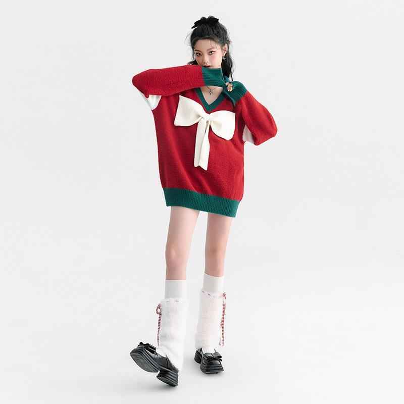 Christmas New Style Red Sweet And Cool Cute Bow Knitted Top Women