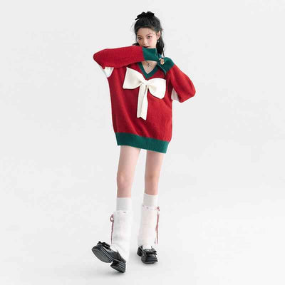 Christmas New Style Red Sweet And Cool Cute Bow Knitted Top Women