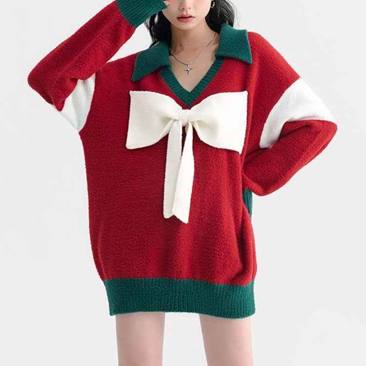 Christmas New Style Red Sweet And Cool Cute Bow Knitted Top Women